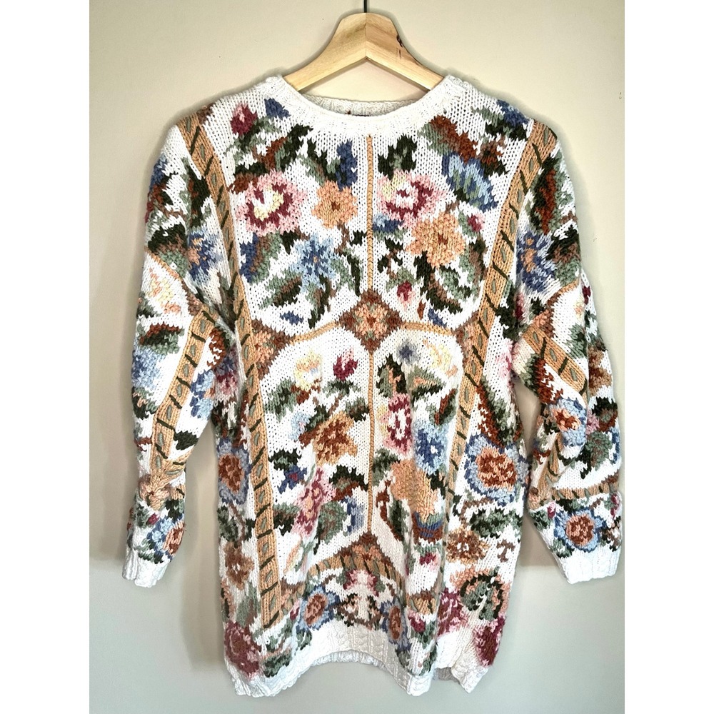 Cristal-Kobe Vintage Floral Tapestry Chunky Knit Sweater Petite Cream Multi 90s